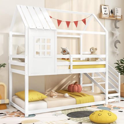 Dreamade Twin Bunk Beds with Stairs, Floor House Bed with Roof & Window