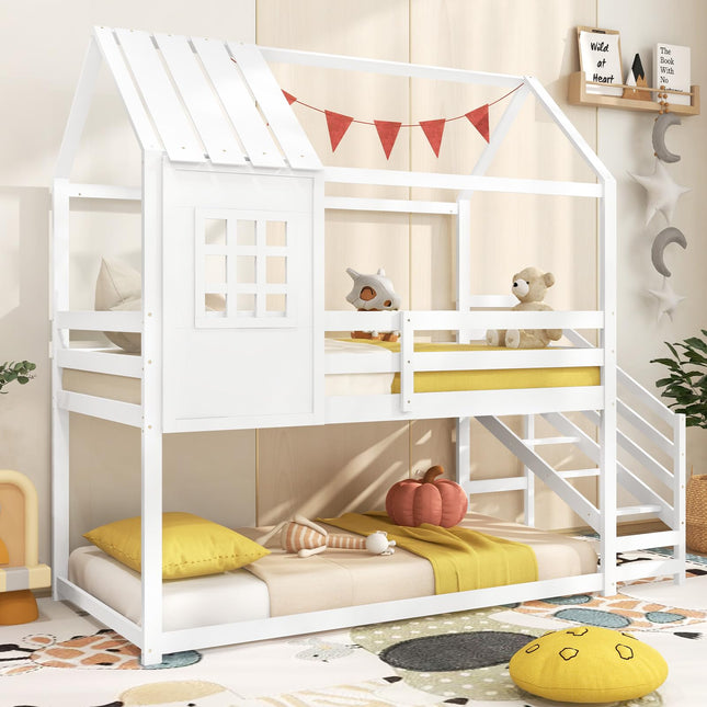Dreamade Twin Bunk Beds with Stairs, Floor House Bed with Roof & Window