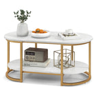 Dreamade White Marble Coffee Table - Modern 2-Tier Center Table w/Open Storage Shelf