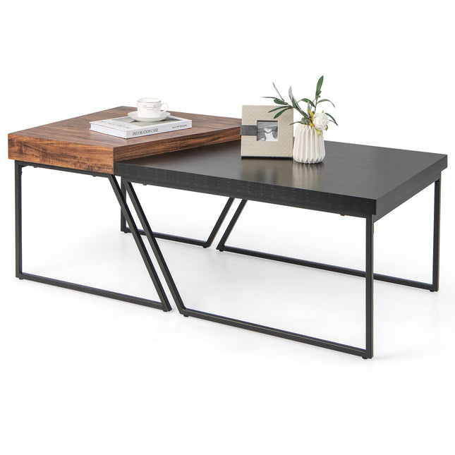 Dreamade Stacking Coffee Table Set of 2, Black & Brown Modern Side Table