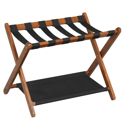 Dreamade Folding Luggage Rack | Solid Rubber Wood Suitcase Stand with Storage Shelves