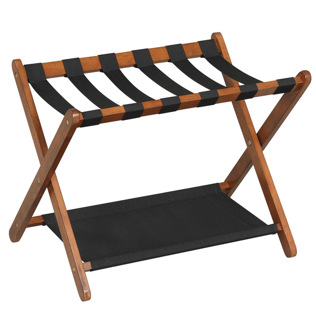 Dreamade Folding Luggage Rack | Solid Rubber Wood Suitcase Stand with Storage Shelves