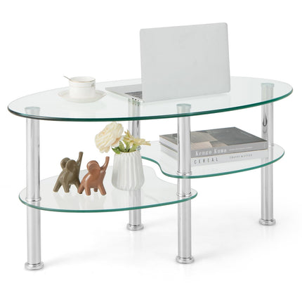 Dreamade Oval Glass Coffee Table - 3-Tier Transparent Tempered Glass Center Table with Metal Stand, 35"× 20" ×18"