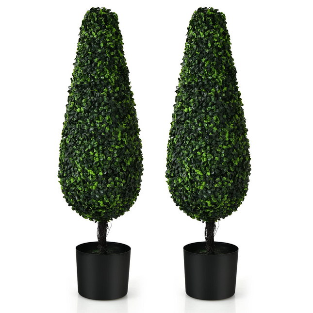 Dreamade 3ft Artificial Boxwood Tower Topiary Trees, 2 Pack Faux Decorative Plants in Cement-Filled Plastic Pot - DreamadeUS