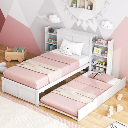 Dreamade Full Bed Frame with Twin Trundle, Wooden Bed Wooden Bed Frame with 2 Rolling Bookcases & High Headboard