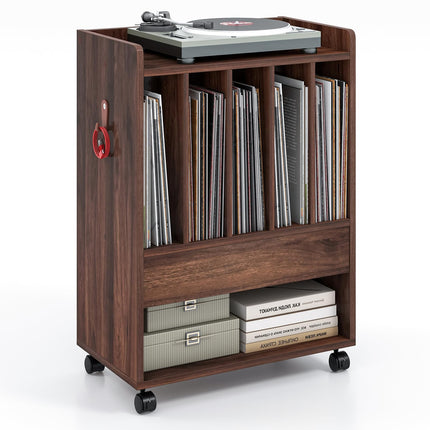 Dreamade Record Player Stand, Rolling Turntable Stand with Drawer, Hook & Lockable Wheels