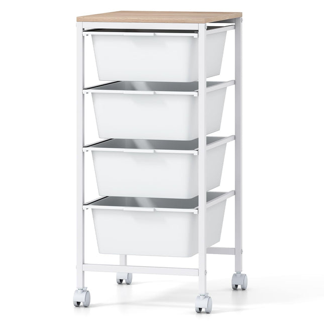 Dreamade 4-Drawer Rolling Storage Cart Mobile Utility Organizer with Wooden Tabletop and Lockable Wheels