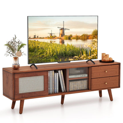 Dreamade Bamboo TV Stand for 55 60 65 Inch TV, PE Rattan Entertainment Center with Sliding Doors