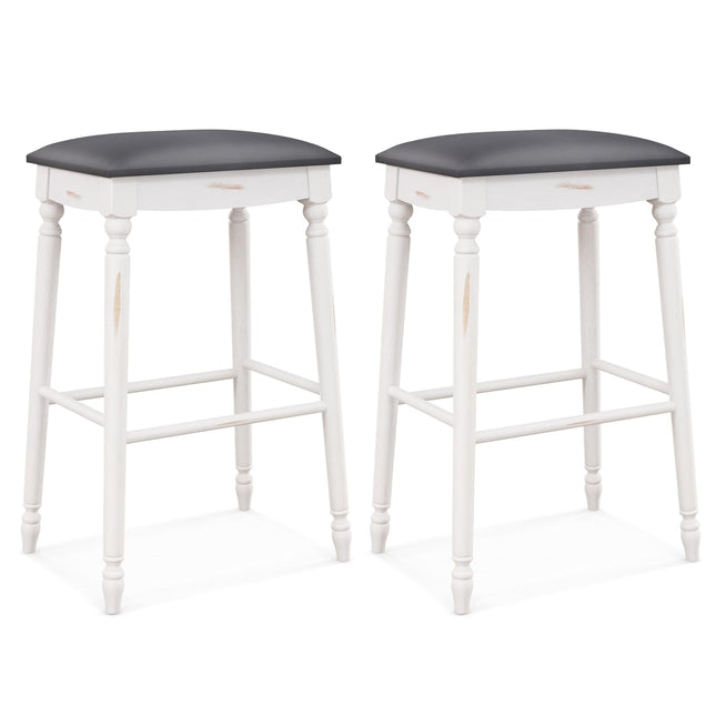 Dreamade Bar Stools, 29"/24" Bar Height Saddle Stools w/Padded Seat, Rubber Wood Legs, Footrests & Antiqued Surface