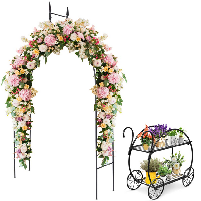 Dreamade Metal Garden Arbor and Cart Plant Stand