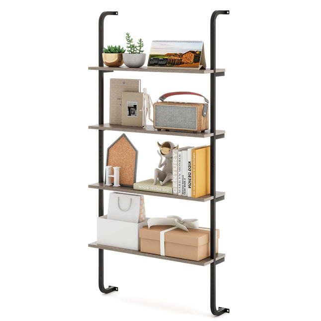 Dreamade 4-Tier Industrial Bookshelf, Wall Mounted Pipe Shelving Unit, Floating Shelves with Metal Frame