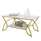 Dreamade 2-Tier Rectangular Coffee Table, Modern Chic Cocktail Table with Open Storage Shelf, White/Gold