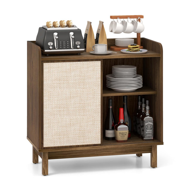 Dreamade Sideboard Cabinet, Farmhouse Buffet Storage Cabinet with Sliding Rattan Door, 2 Adjustable Shelves