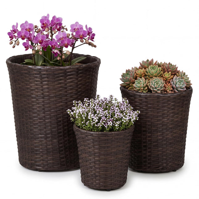 Dreamade Set of 3 Plastic Planters | 14 & 11 & 9 Inch Taper Rattan Planters with Drainage Holes and Saucers