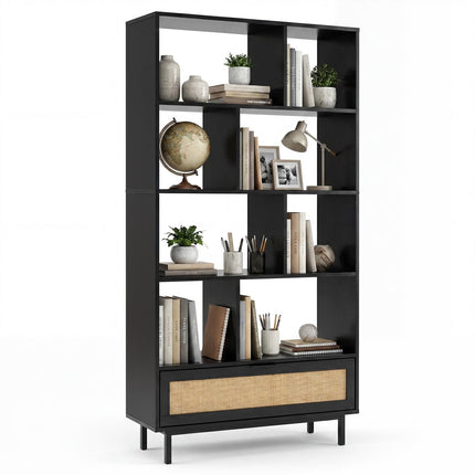 Dreamade 64" Tall 6-Tier Wood Bookshelf with Rattan Drawer