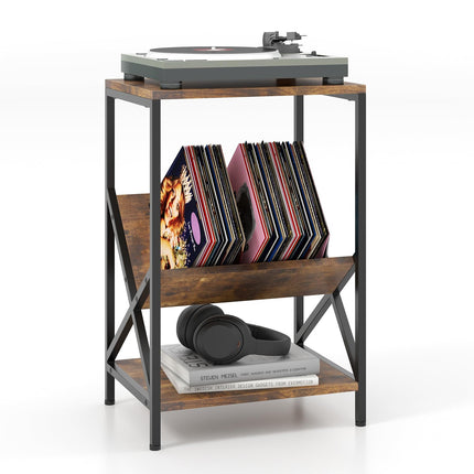 Dreamade Record Player Stand, 3-Tier End Table w/ V-Shaped Magazine Holder, Turntable Stand with Record Storage Up to 80 Albums
