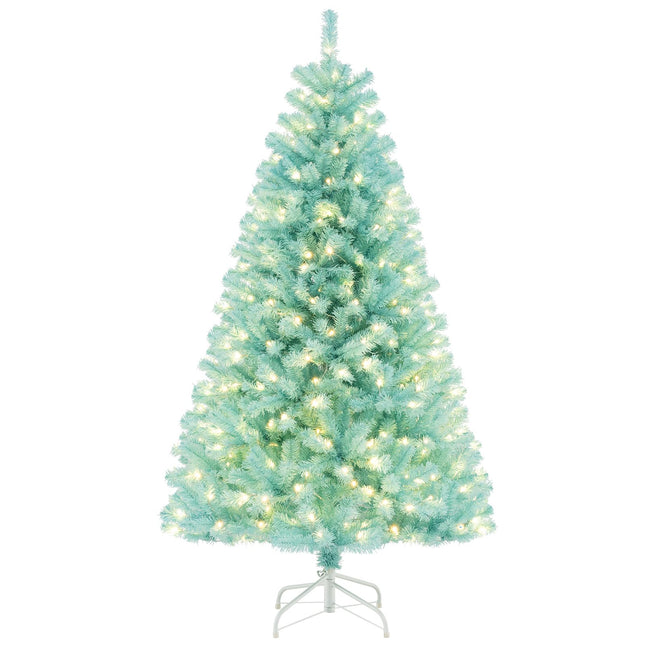 Dreamade 6/7 FT Blue Pre-Lit Christmas Tree, Artificial Hinged Xmas Full Tree with 280/380 Warm White LED Lights