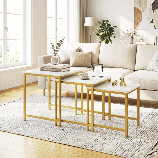 Dreamade Nesting Coffee Table Set of 3 | Faux Marble Coffee Table with Metal Frame