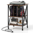 Dreamade Record Player Stand with Charging Station Turntable Stand with Record Storage & 4 Rolling Wheels