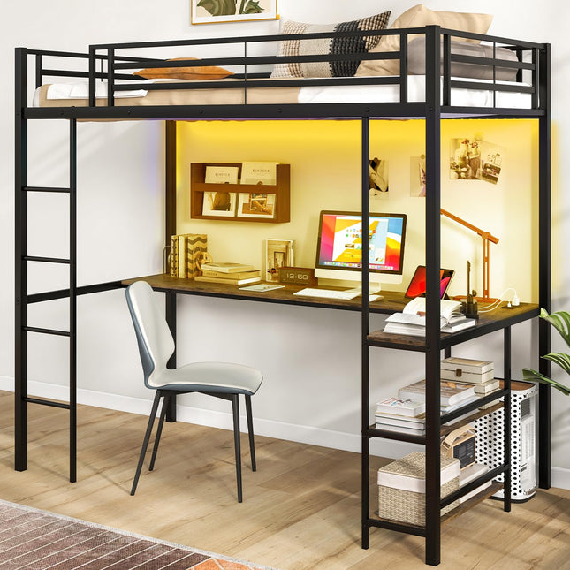 Dreamade Twin Loft Bed with L-Shaped Desk, Metal Loft Bed Frame with LED Lights