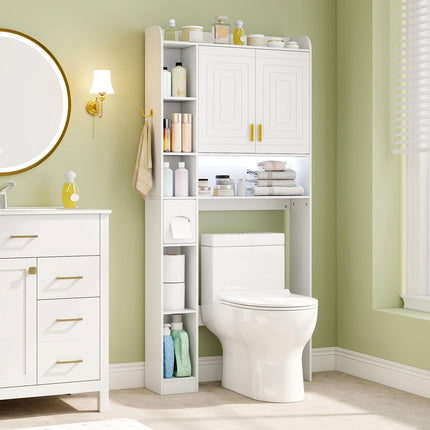 Dreamade Over The Toilet Storage Cabinet with LED Light Doors Toilet Paper Holder