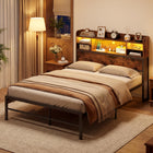 Dreamade Full Size Industrial Metal Bed Frame with LED Lights & Charging Station