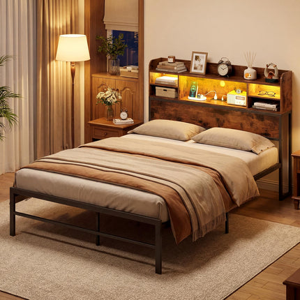 Dreamade Full Size Industrial Metal Bed Frame with LED Lights & Charging Station