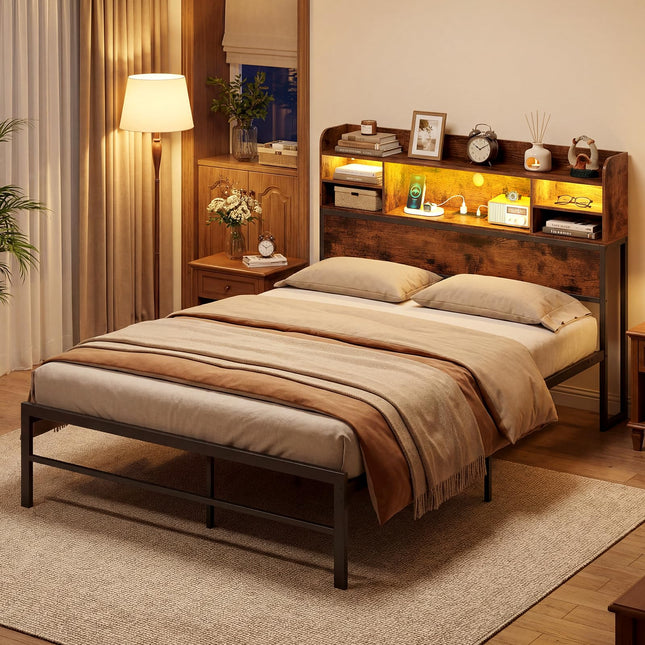 Dreamade Full Size Industrial Metal Bed Frame with LED Lights & Charging Station
