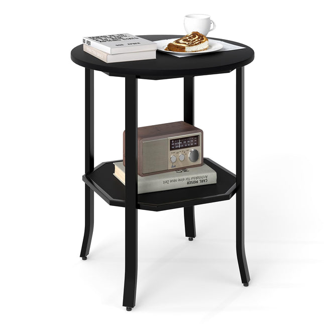Dreamade 2-Tier Round Small Sofa Couch End Table with Storage Shelf & Steel Frame