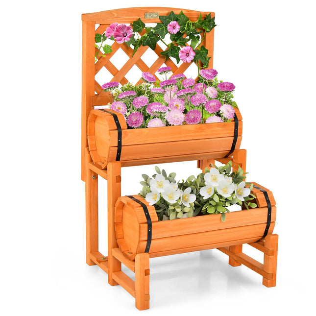 Dreamade Raised Garden Bed with 2 Barrel Planters & Trellis, 2-Tier Freestanding Wooden Raised Bed for Vegetable Flower Fruit