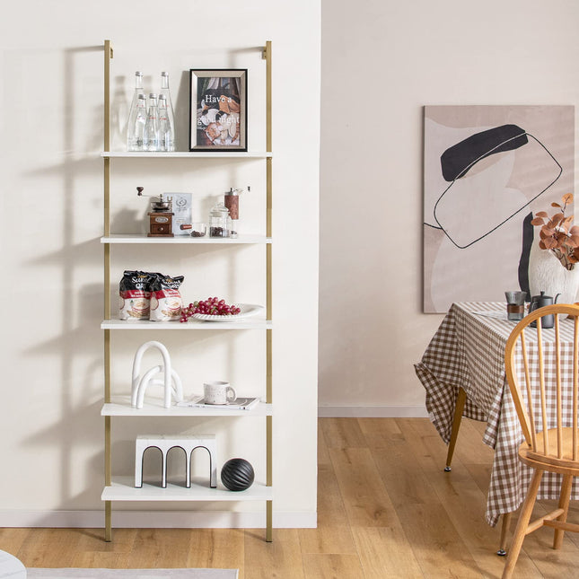 Dreamade 5 Tier Modern Wall Mounted Bookshelf, 71'' White and Gold Wood Bookcase with Steel Frame