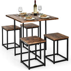 5 Piece Dining Table Set, Dining Set for 4 with Square Stools, Walnut & Black
