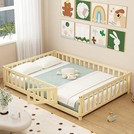 Dreamade Full Size Floor Bed for Kids, Montessori Floor Bed with Wood Slats & Safety Guardrails