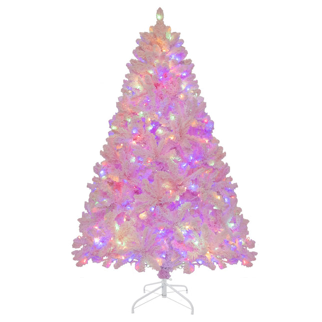 Dreamade 6FT Pink Pre-lit Christmas Tree, Hinged Snow Flocked Artificial Xmas Tree, Seasonal Holiday Decoration for Office Home