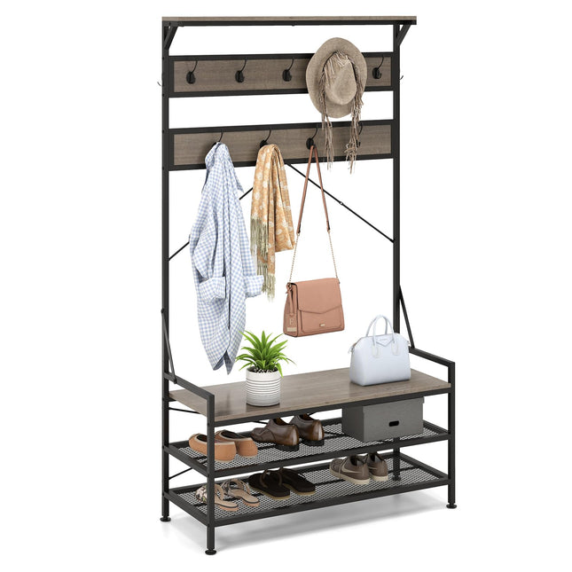 Dreamade Freestanding Hall Tree with Shoe Storage Rack and 11 Hanging Hooks