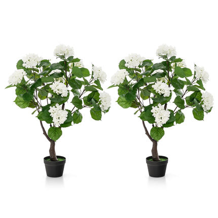 Dreamade Artificial Hydrangea Tree, 2 Pack Fake Floral Plant w/11 White Flowers & Realistic Trunk in Plastic Nursery Pot