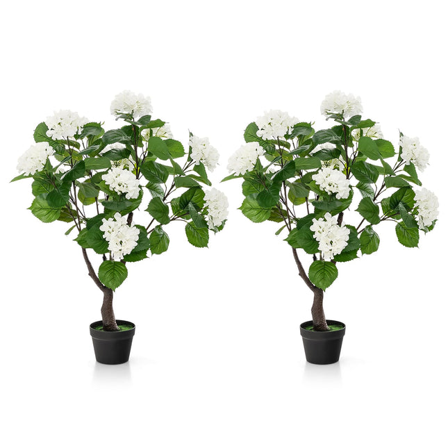 Dreamade Artificial Hydrangea Tree, 2 Pack Fake Floral Plant w/11 White Flowers & Realistic Trunk in Plastic Nursery Pot