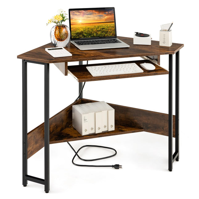 Dreamade Corner Desk with Power Outlets, Small Corner Computer Desk w/ Keyboard Tray & Storage Shelf