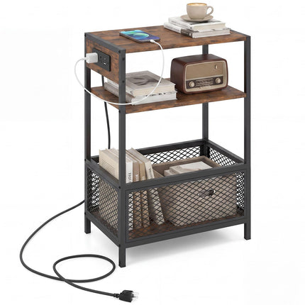 Dreamade 3-Tier End Table w/Metal Mesh Compartment & 2 AC Outlets (1/2)
