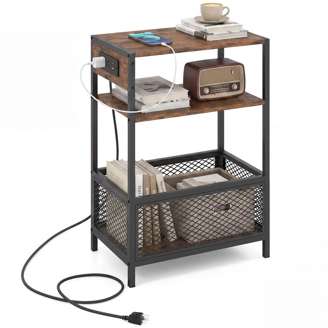 Dreamade 3-Tier End Table w/Metal Mesh Compartment & 2 AC Outlets (1/2)