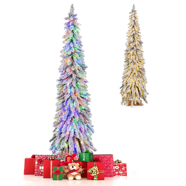 Dreamade 6ft Pre-Lit Flocked Christmas Tree, Artificial Slim Pencil Xmas Tree with 250 LED Lights