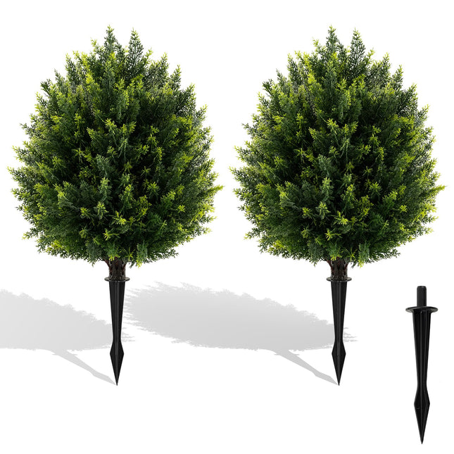 Dreamade 2 Pack Faux Cedar Bushes with Ground Spike Sun-Protective Fake Shrub Plants