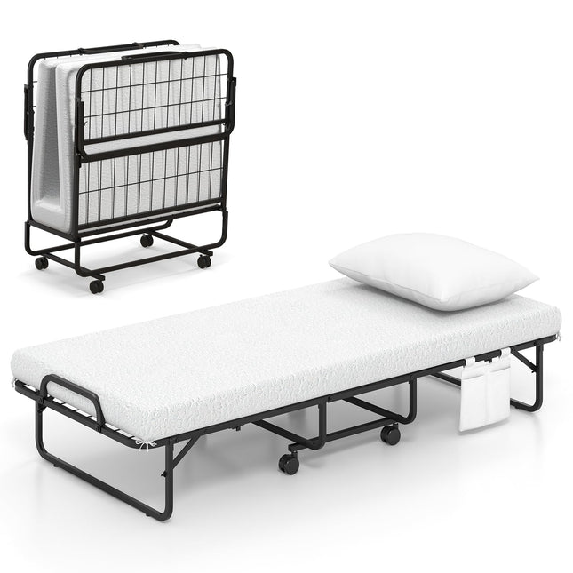 Dreamade Folding Bed with Mattress and Top Pillow, Cot Portable Guest Bed w/Metal Frame, 75" x 31"