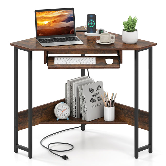 Dreamade Small Corner Desk with Charging Station with Keyboard Tray & Storage Shelf