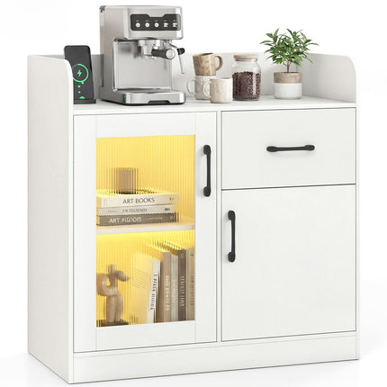 Dreamade RGB LED Buffet Sideboard | White Kitchen Storage Cabinet with Charging Station
