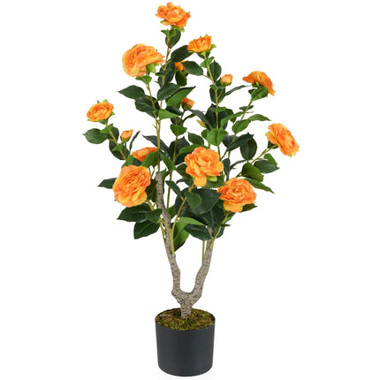 Dreamade 36’’ Artificial Camellia Tree Faux Floral Plant Blooming Tree in Nursery Pot