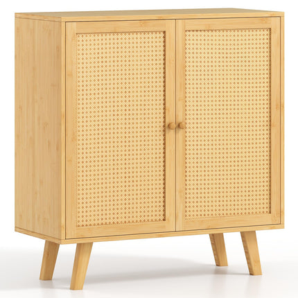 Dreamade 2 Tier Bamboo Sideboard with PE Rattan Decorated Doors