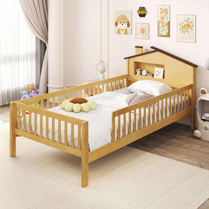 Dreamade Twin Bed Frames for Kids, Solid Wood Montessori Bed with House-Shaped Headboard & Built-in Storage Shelf