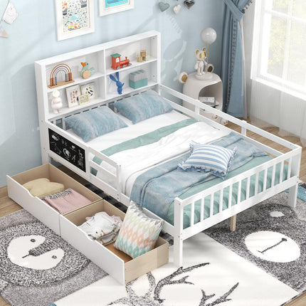 Dreamade Full/Twin Size 2 Storage Drawers, Solid Wood Kids Bed Frame w/Bookcase Headboard & Blackboard