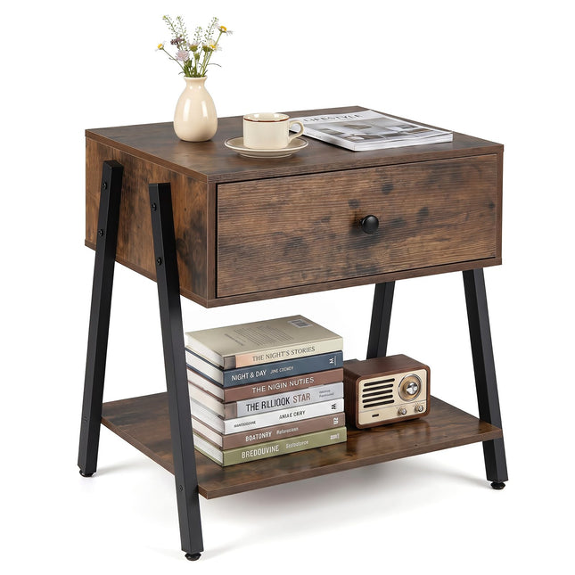 Dreamade Industrial Night Stand with Drawer and Open Shelf